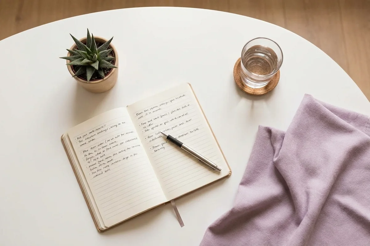 Caderno aberto e caneta em um ambiente tranquilo