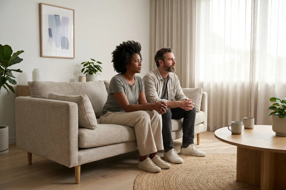 Casal sentado em um ambiente de atendimento